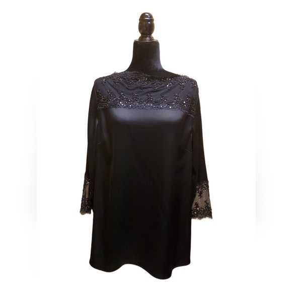Saint John Black Satin, Lace, Jeweled Blouse / Shirt, Pants, and Belt Size 16 - Picture 2 of 9